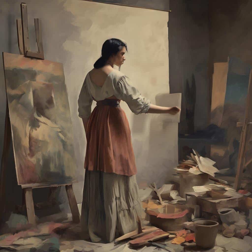 Έγχρωμη εικόνα μιας νεαρής γυναίκας ζωγράφου σε στούντιο, με πολλά έργα τέχνης και καμβάδες γύρω της, που δουλεύει πάνω σε ένα μεγάλο λευκό χαρτί ή καμβά, ανάμεσα στη δημιουργική διαδικασία και την τέχνη.