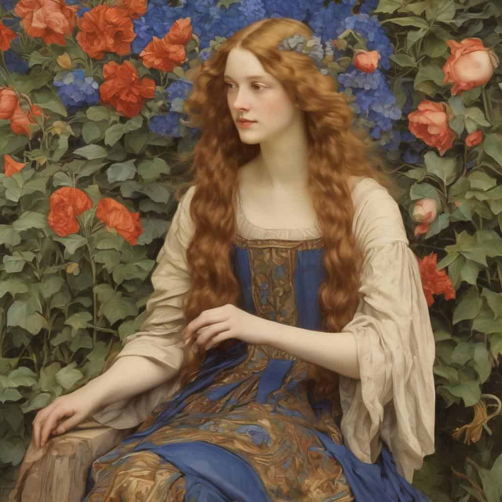 Ουάου, η γυναίκα με τα κόκκινα μαλλιά καθισμένη ανάμεσα σε πολύχρωμα λουλούδια, δείχνει σαν πίνακας ζωγραφικής με έμπνευση από την τέχνη των Αιώνων, αποπνέοντας ρομαντισμό και αισθητική.