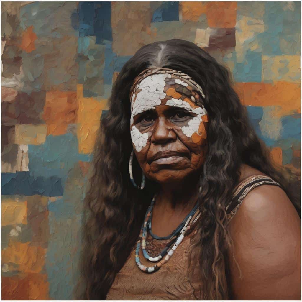 Ελληνίδα Αβορίγινες γερόντισσα με παραδοσιακά καλλιτεχνικά σχέδια στο πρόσωπο και ενδυμασία, πορτρέτο με πολύχρωμο αφηρημένο φόντο.