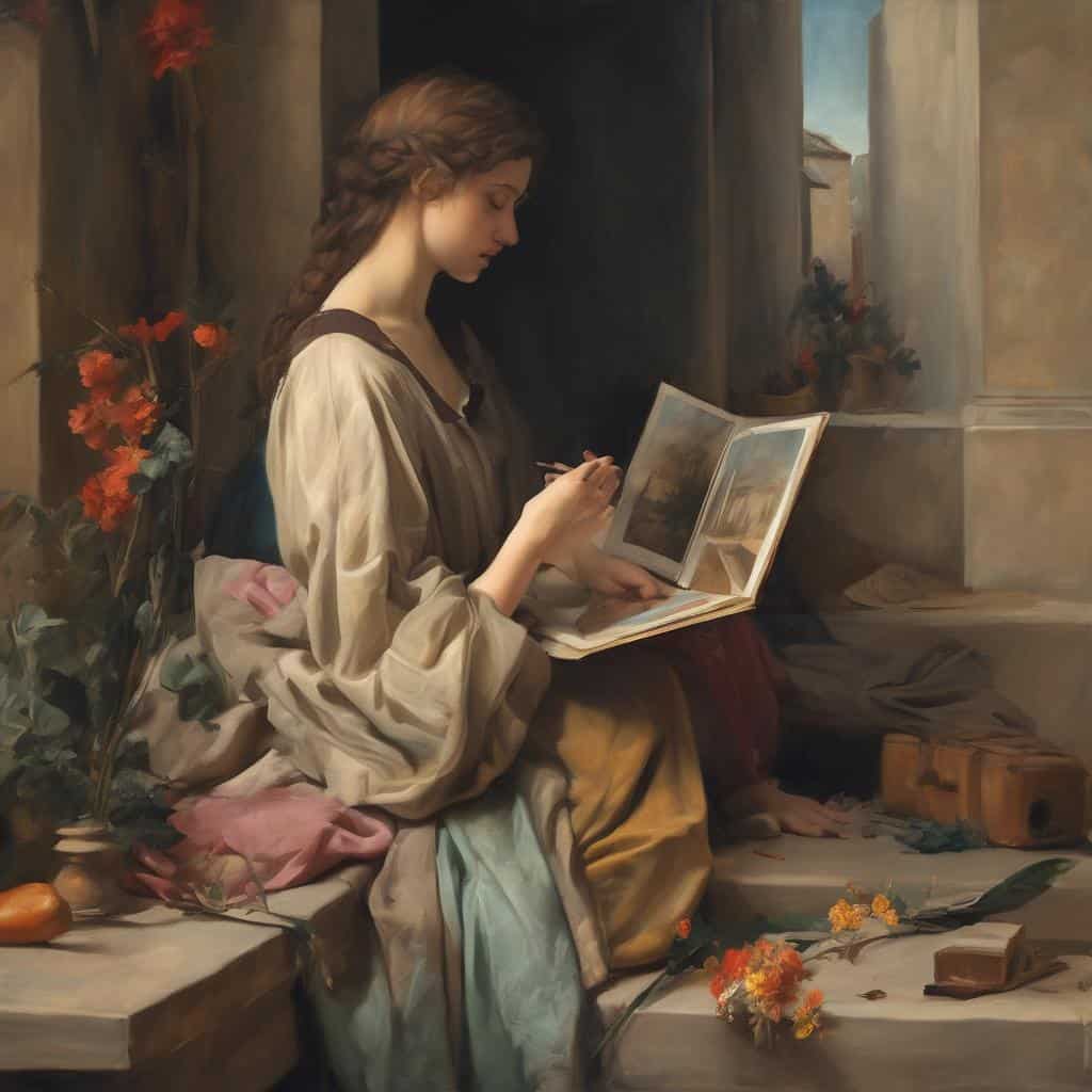 Φωτογραφία νεαρής γυναίκας που διαβάζει ένα βιβλίο, καθισμένη σε έναν εσωτερικό χώρο με έργα τέχνης και λουλούδια, σε μια ήρεμη και καλλιτεχνική ατμόσφαιρα.