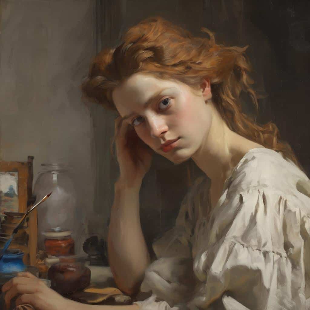 Ανθρώπινη νεαρή γυναίκα με κόκκινα μαλλιά, καθισμένη στο εργαστήριο ζωγραφικής με καμβά και πινέλα, Μοντέρνο πορτρέτο με έμφαση στη λεπτομέρεια και τη φυσικότητα του εκφραστικού προσώπου, εμπνευσμένο από την τέχνη των μεγάλων καλλιτεχνών.
