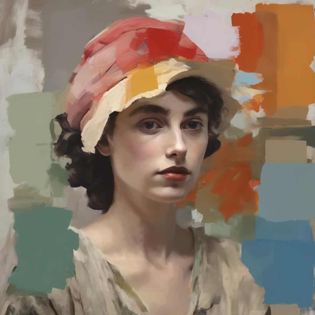 Ζευγάρι πορτρέτο γυναίκας με vintage καπέλο σε μοντέρνο ζωγραφικό στυλ, με πλούσια χρώματα και εικαστική υφή, αισθαντικό και εκφραστικό έργο τέχνης.