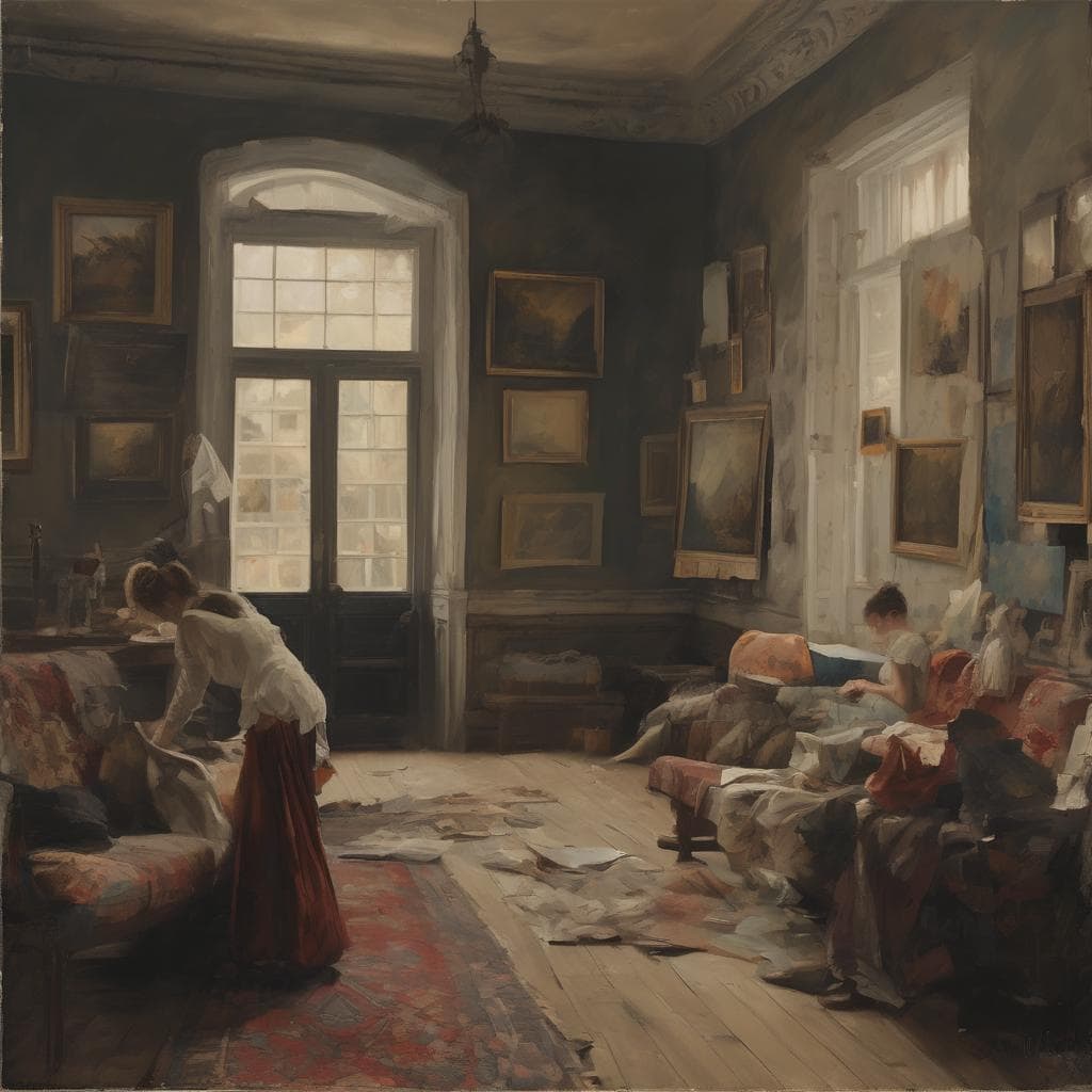 Ζευγάρι παιδιών σε αίθριο εργαστήριο ζωγραφικής με πίνακες στους τοίχους, φωτισμένο από μεγάλο παράθυρο, με ρετρό διακόσμηση και κασετίνα ζωγραφικής, δημιουργώντας μια ζωντανή καλλιτεχνική ατμόσφαιρα.