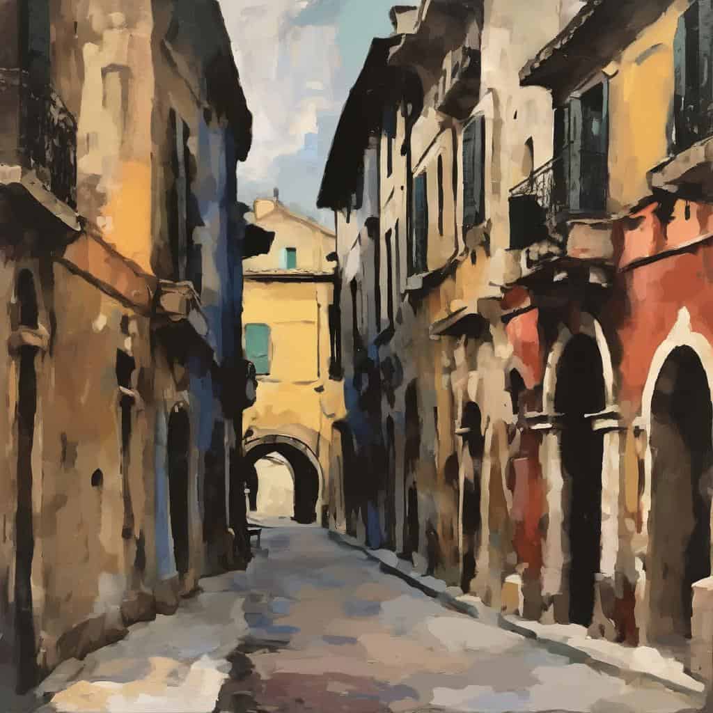 Παραδοσιακός δρόμος στην παλιά πόλη με πολύχρωμα κτίρια και αρχιτεκτονική μεσαιωνικής εποχής.