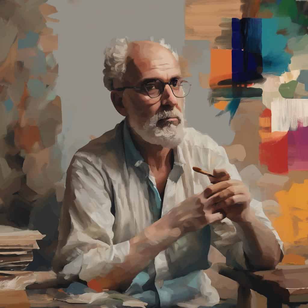Πορτρέτο ενός ηλικιωμένου άνδρα με γκρίζα μαλλιά και γυαλιά, καθισμένος σε στούντιο με πολύχρωμα έργα τέχνης στον τοίχο.