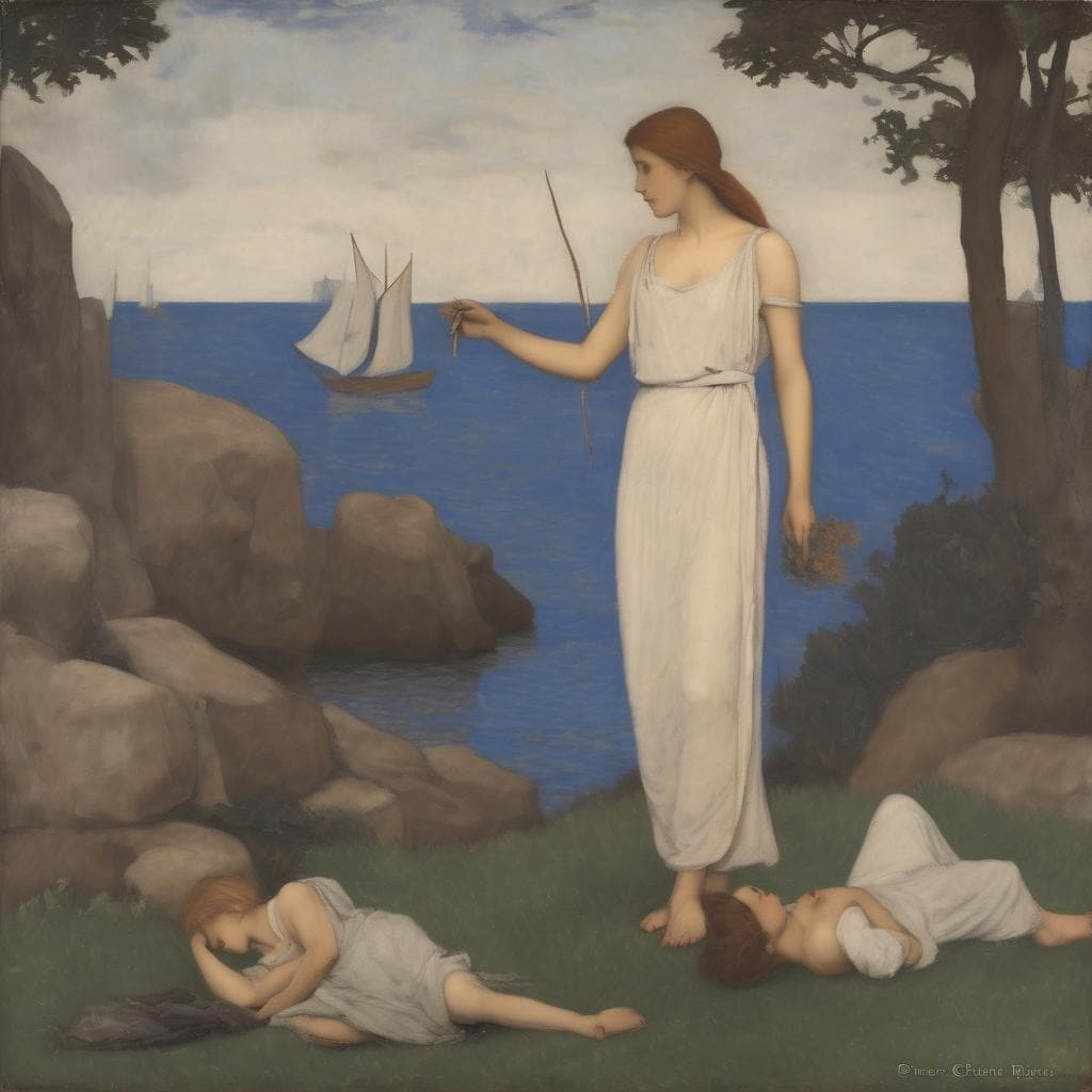 Νεαρή γυναίκα στη φύση με τρία παιδιά, ένα κοιμάται και δύο ξαπλωμένα, πάνω σε γρασίδι, με το ηλιοβασίλεμα στη θάλασσα και σκάφη στο βάθος, ζωγραφική σε ήρεμο και ρομαντικό στυλ.