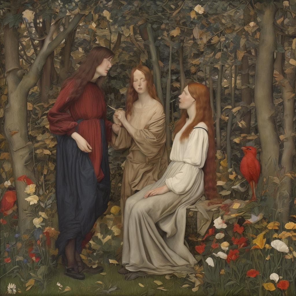 Van Gogh's Three Women in a Garden, painted in 1890, depicts three women with flowing red hair in a lush garden setting, surrounded by vibrant flowers and trees, capturing tranquility and natural beauty in a classic, impressionist style.