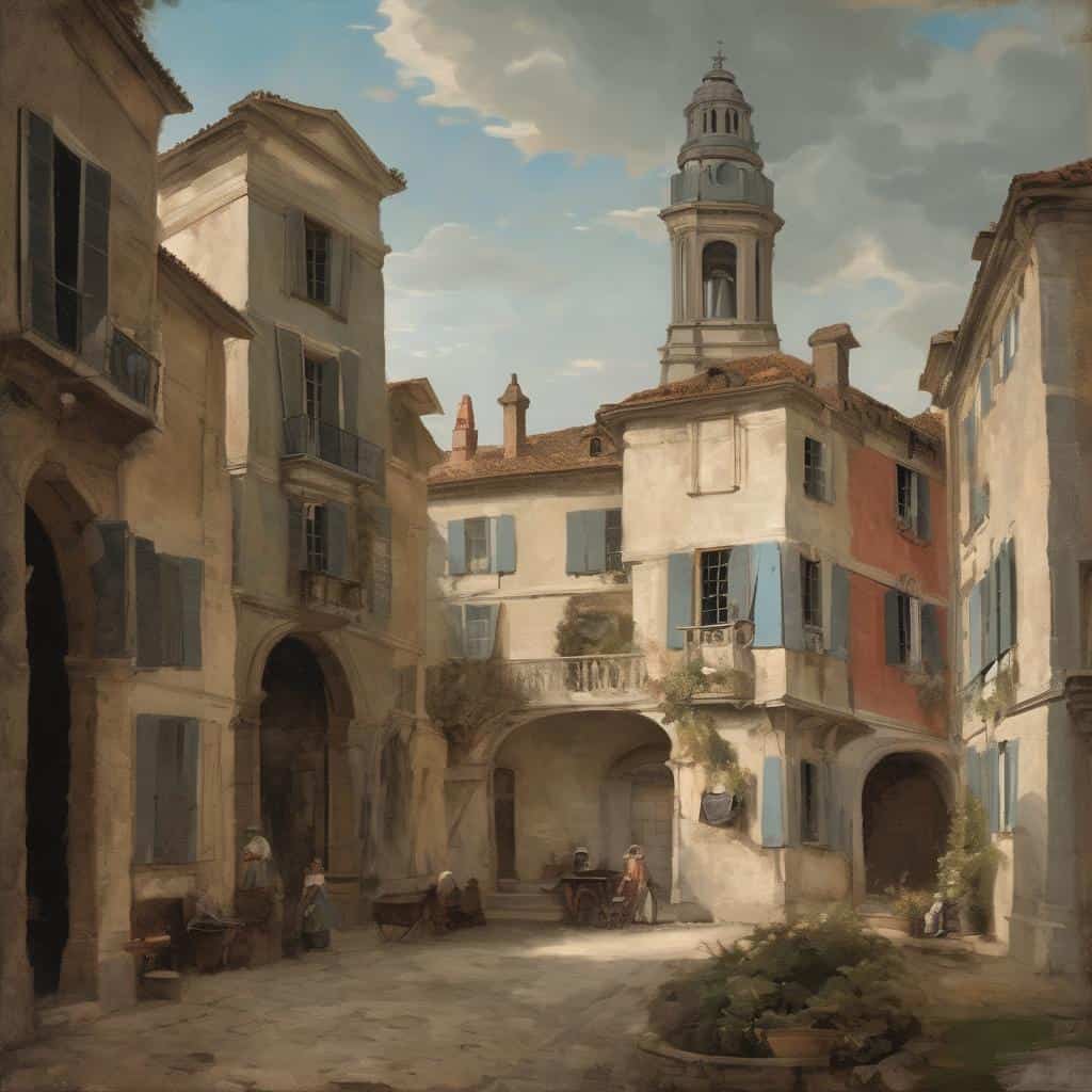 Μικρό καφενείο στην παλιά πόλη με πολύχρωμα παλιά κτίρια και ήσυχη ατμόσφαιρα, ζωγραφική αναπαράσταση του ιστορικού τοπίου με ανατολίτικη αρχιτεκτονική και καθημερινή ζωή.